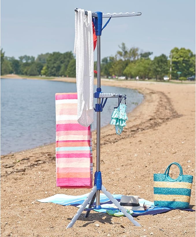Household Essentials 5012-1 Portable 2-Tier Clothes Drying Rack Tri-pod | Dry Wet Laundry or Hang Clothes | Silver and Blue