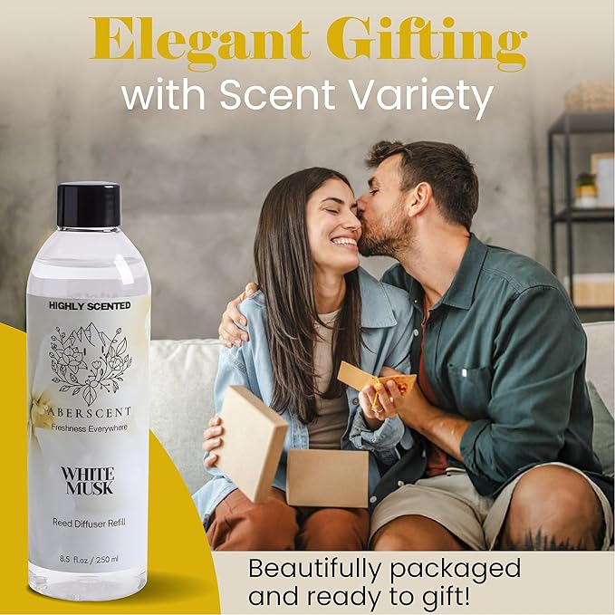 White Musk Aberscent Premium Reed Diffuser Oil Refill (8.5 Fl Oz/250ml) – Long-Lasting Fragrance Oil for Home, Office & Spa – Relaxing Scent, Luxury Hotel-Style Aroma