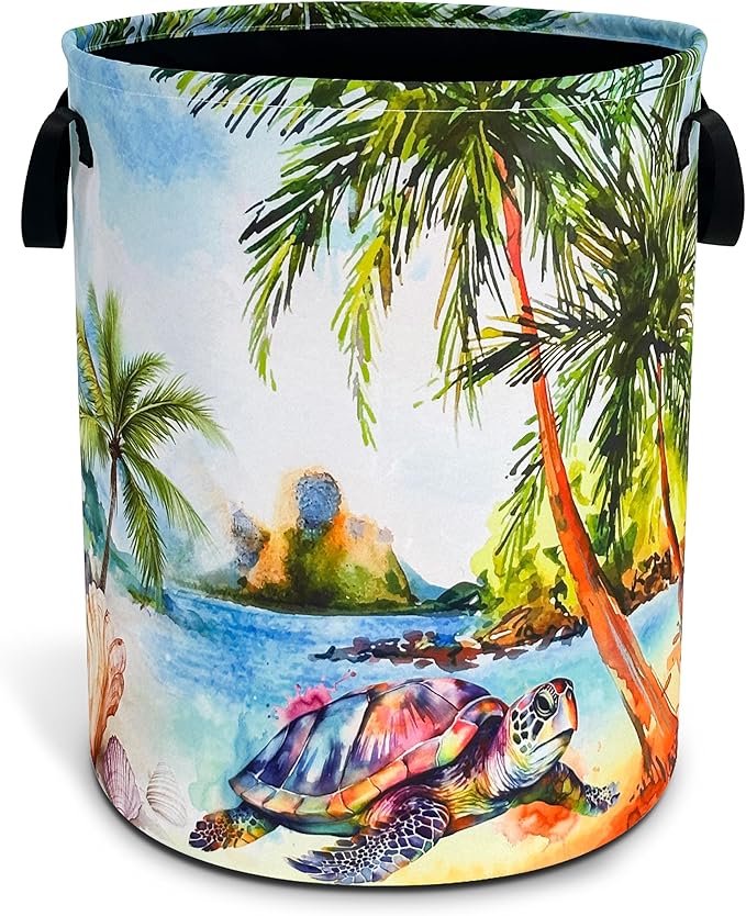 Hawaiian Beach Sea Turtle Laundry Basket Oxford Cloth Laundry Hamper With Handle Foldable Portable Clothes Storage Basket 18.9 X 16.5 In Storage Bag For Laundry Room/Bathroom/Bedroom/Dormitories