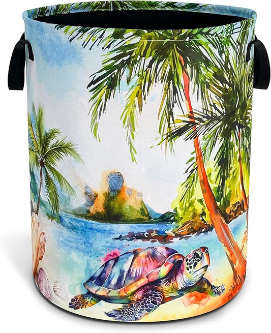 Hawaiian Beach Sea Turtle Laundry Basket Oxford Cloth Laundry Hamper With Handle Foldable Portable Clothes Storage Basket 18.9 X 16.5 In Storage Bag For Laundry Room/Bathroom/Bedroom/Dormitories