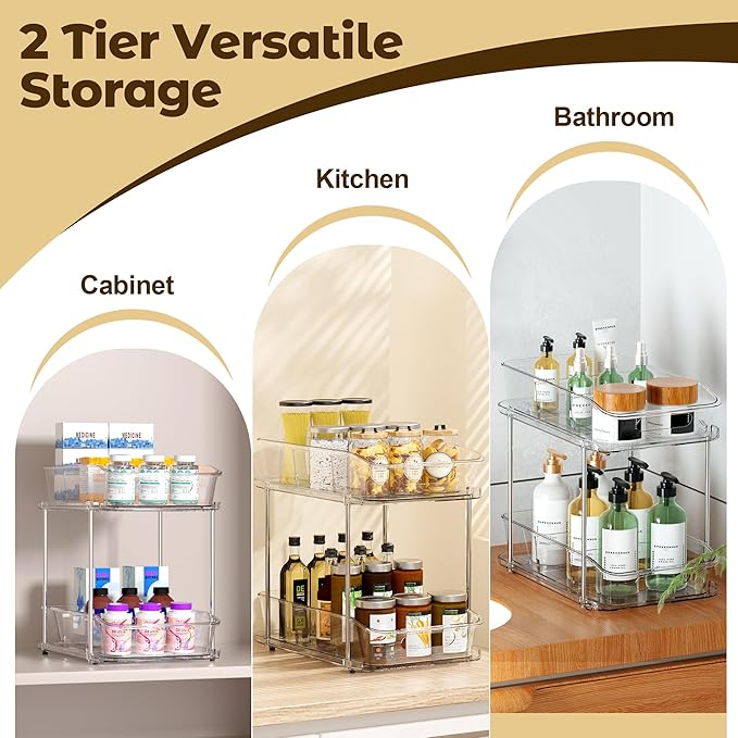 2 Tier Pull-Out Organizer for Bathroom Kitchen, Under Sink Storage with Dividers, Ideal for Cabinet, Cupboard Organization, Slide-Out Clear Storage, 2 Pack