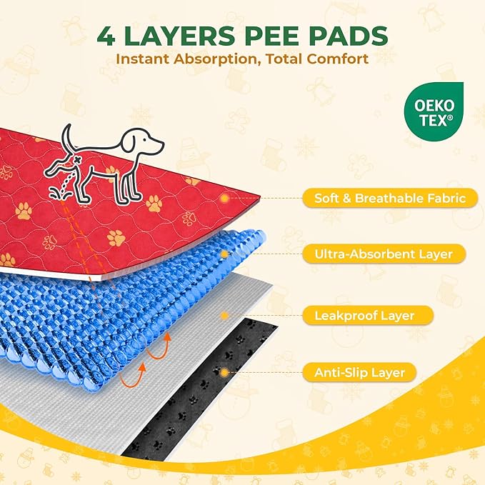 Fostanfly Washable Pee Pads for Dogs, 2 Pack 54"x54" Reusable Extra Large Ultra-Absorbent Non-Slip Leak-Proof Potty Training Pads for Puppy & Whelping, Christmas & New Year's Essential for Dogs, Red