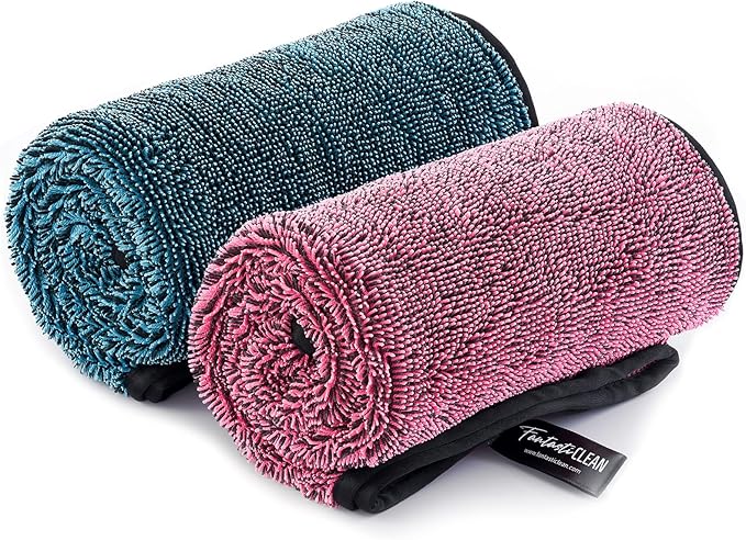 Fantasticlean Large Car Drying Towels- 2 Pack, 32‘’ by 24'' -Premium Microfiber Cleaning Cloth with Dual-Colored Twisted Loop, Ultra Absorbent, Scratch-Free for Instant Car Detailing (Pink and Blue)