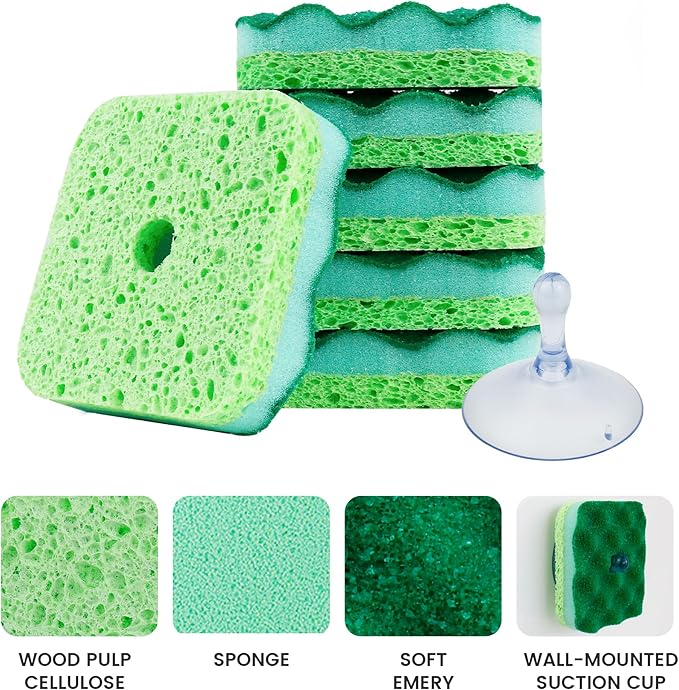 6-Pack Magic Cleaning Sponges with Suction Cups - Heavy Duty 3-Layer Dual-Sided Scrub Pads for Dishes, Stains & Kitchen Surfaces - Durable Non-Scratch Scouring Pads