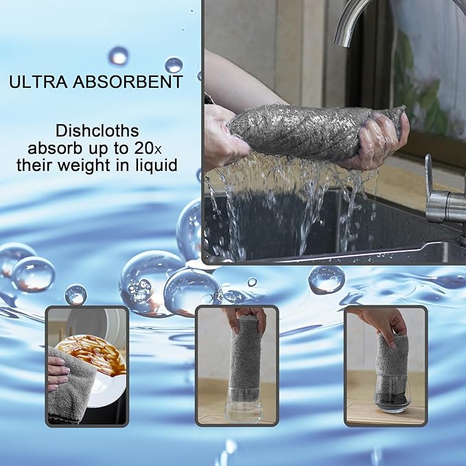 kimteny Kitchen Cloth Dish Towels, 13x28 Inches Premium Dishcloths, Super Absorbent Coral Velvet Microfiber Cleaning Cloths, Fast Drying Rags for Washing Dishes (13x28-6 Pack, Grey)