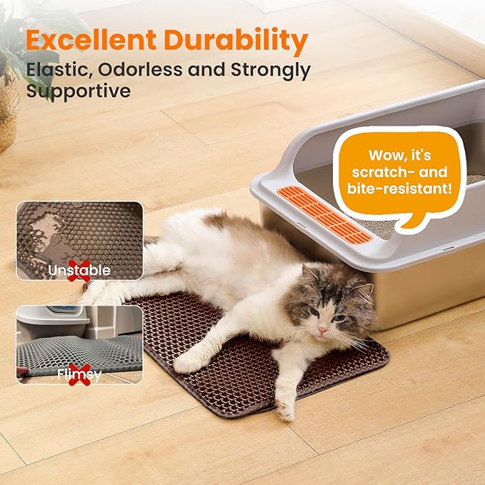 Small Cat Litter Mat, 20x14’’ Double Layer Honeycomb Cat Litter Box Mat, Non Slip Waterproof Urine Proof Litter Trapping Mat for Floor, Kitty Litter Pad, Indoor Pet Supplies, Brown