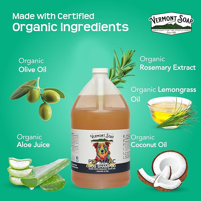 Vermont Soap Organics Pet Shampoo - Organic & Natural Olive Oil, Coconut & Aloe Vera Dog Shampoo for Sensitive Skin - USDA Certified Grooming Pet Shampoo - Original Citrus (128oz)