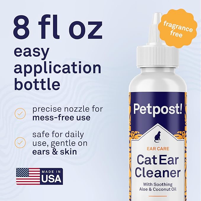 Petpost | Cat Ear Cleaner - Best Ear Remedy for Cats - Natural Coconut Oil Treatment Drops - Alcohol & Medicine Free - 8 oz.