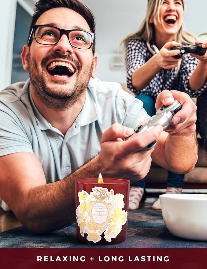 Cinnamon & Ginger Blossom Scented Candle - Large Wood Wick Soy Candle, 10.6 oz - Warm Fall & Autumn Aromatherapy Candle for Home - Long-Lasting, Clean Burn