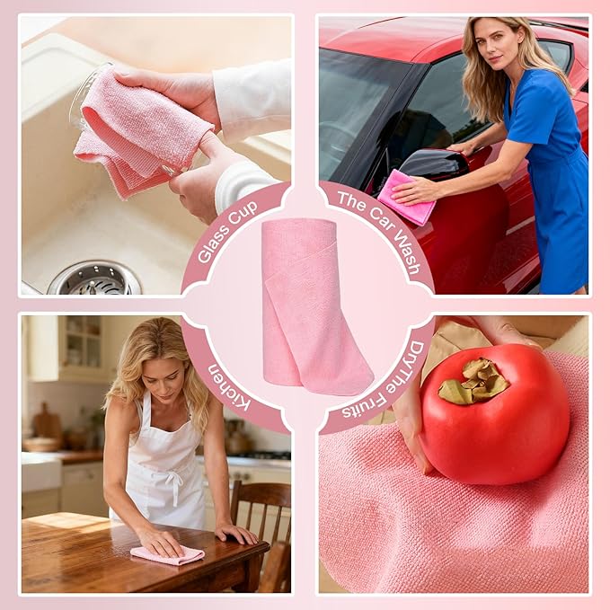 JINGYAN 50-Pack Microfiber Cleaning Cloth Roll, Pink Reusable Washable Tear Away Towels for Home, Car, Kitchen, Glass, Pets & Garage - 25x25cm