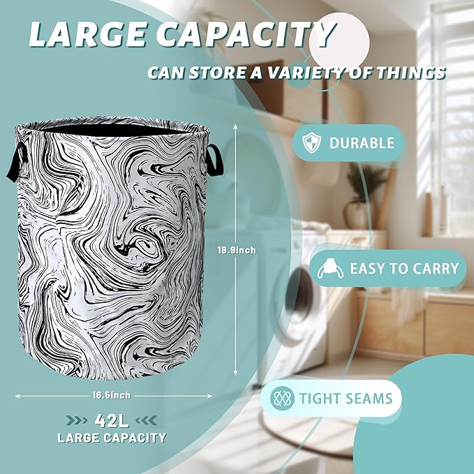 Black and White Marble Texture Laundry Basket Foldable With Handles Tote Bag Oxford Cloth Funny Laundry Hamper Clothes Storage Bucket Toy Organizer 18.9"x16.5"For Bathroom/Laundry/Bedroom