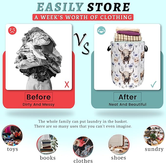 Watercolor Highland Cow Laundry Hamper With Handles Foldable Oxford Cloth Purple Flower Tote Bag Cows Laundry Basket Clothes Toy Storage Bucket 18.9" x 16.5"For Bathroom/Laundry/Bedroom