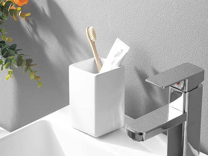 White Ceramic Toothbrush Holder - Square Bathroom Toothbrush Holder, Toothbrush Cup Holder Aesthetic Toothpaste Holder, Modern Family Size Toothbrush Organizer, Bathroom Tumbler Cup