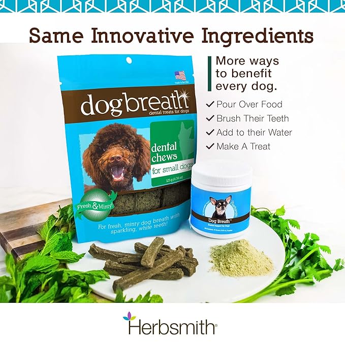 Herbsmith Dog Breath - Dog Dental Care Solution - Natural Dog Breath Freshener That Tackles Tartar - Dental Powder for Dogs - 150g Powder