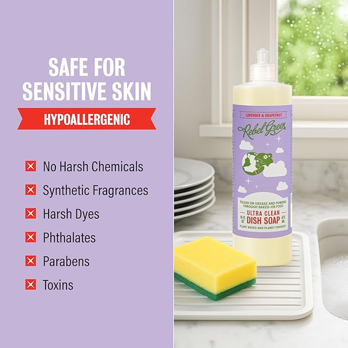 Rebel Green Super Deluxe Dish Soap - Natural Dishwashing Soap - Liquid Dish Detergent - Sustainable Dish Liquid Scented with Lavender & Grapefruit - (16 oz Bottles, 2 Pack)