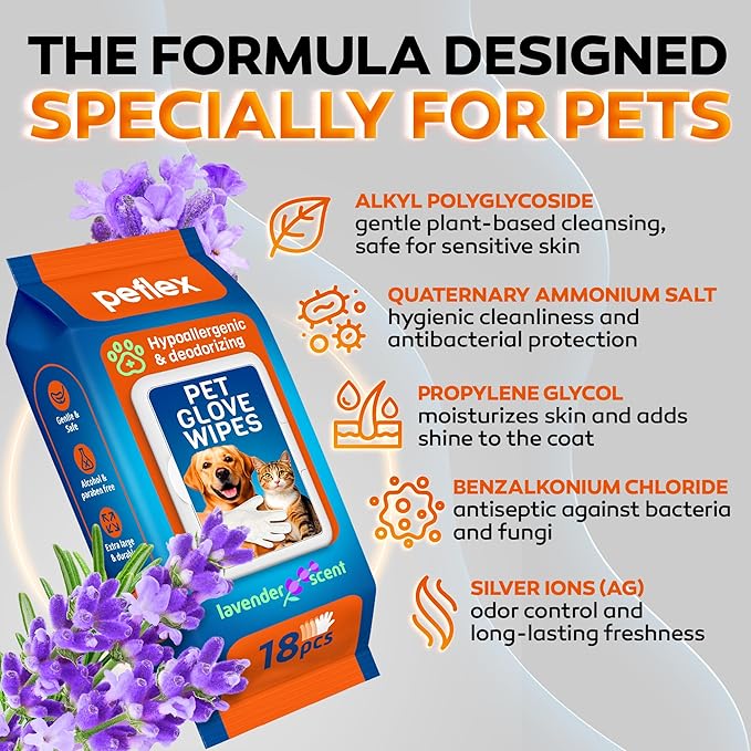 New 2025 Pet Cleaning Glove Wipes for Dogs and Cats – Hypoallergenic Hydrating & Nourishing – Suitable for Eyes, Ears, Paws & Body – Lavender Scent – Ideal for Daily Care & Travel – 18 Count (Lavanda)