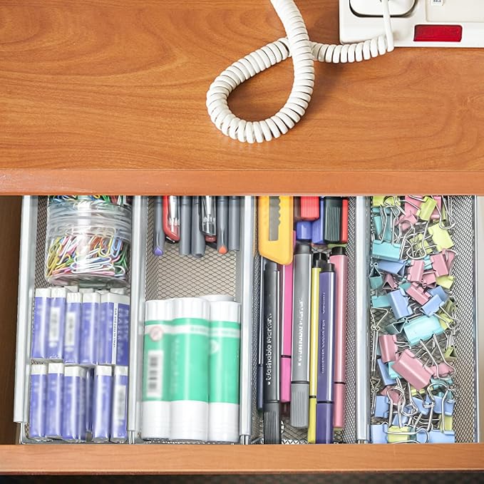 4PCS Drawer Organizer for Kitchen, Utensil Mesh Organizer With Interlocking Arm for Cosmetic, Flatware, Pen (9 * 3 * 2 Inches, Grey)