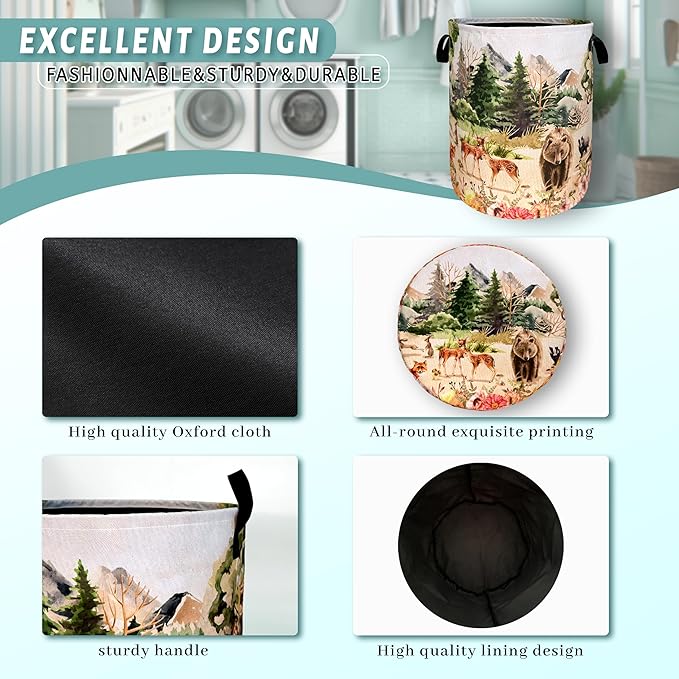 Watercolor Animals Laundry Hamper With Handles Foldable Oxford Cloth Animal Bear Deer Tote Bag Funny Laundry Basket Clothes Toy Storage Bucket Men Women 18.9" x 16.5" For Bathroom/Laundry/Bedroom