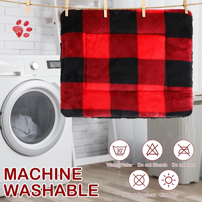 Haull 4 Pcs Waterproof Guinea Pig Bedding Winter Guinea Pig Bed Plush Cage Liners Soft Dog Cat Mat Reversible Winter Cozy Animal Pee Pad Hamster Bed Mat for Bunny(Red Black Plaid,13 x 18.5 Inch)