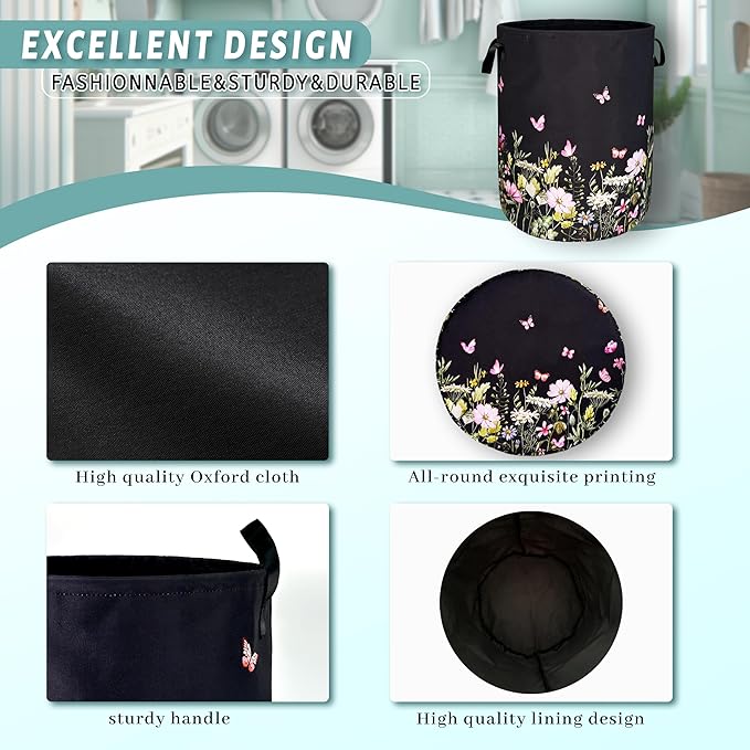 Beautiful Flowers Laundry Hamper With Handles Foldable Oxford Cloth Butterfly Tote Bag Floral Colorful Laundry Basket Clothes Toy Storage Bucket 18.9"x16.5" For Bathroom/Laundry/Bedroom