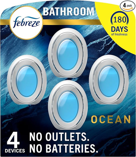 Febreze Bathroom Air Freshener, Odor-Fighting, Plug In Alternative, Air Fresheners for Home and Bathroom and Kitchen, Closet Air Fresheners, Ocean Scent, 4 Count - (Packaging May Vary)