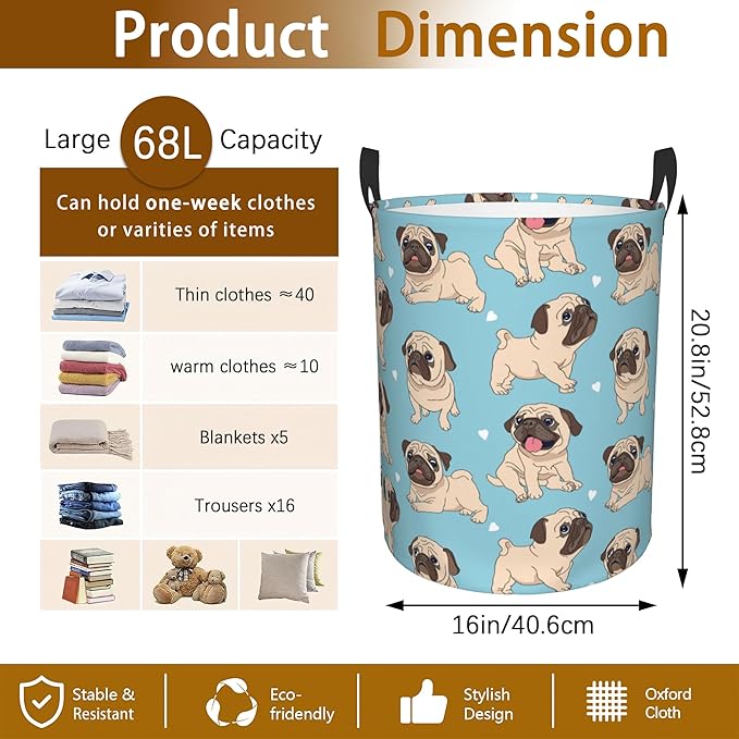 Funny Cartoon Pugs Puppies Laundry Basket,Waterproof Foldable Laundry Hamper,Dirty Clothes Laundry Basket, Linen Bin Storage Organizer for Toy Collection 16" x 20"