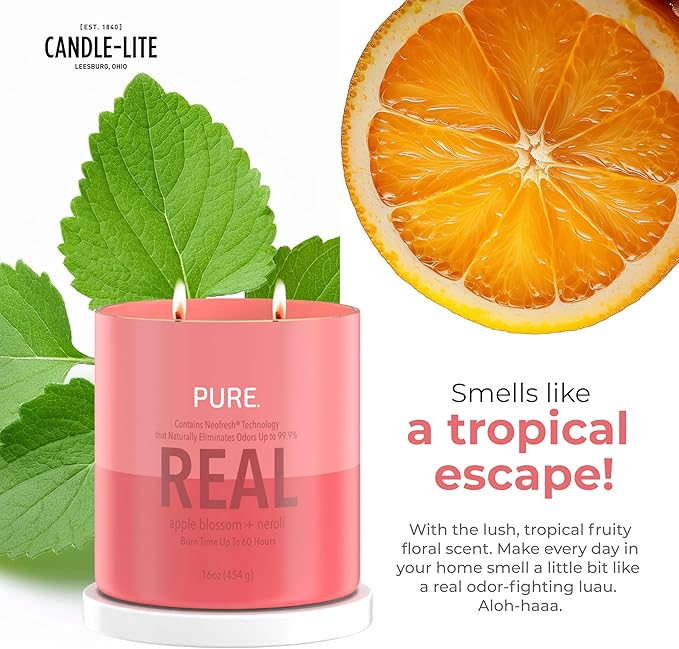 Candle-Lite Pure Apple Blossom & Neroli Odor Eliminating Scented Candles, Neofresh Technology Eliminates 99.9% of Odors, 16 oz 2-Wick Jar, Proudly Poured in The USA, Up to 60 Hours Burn Time