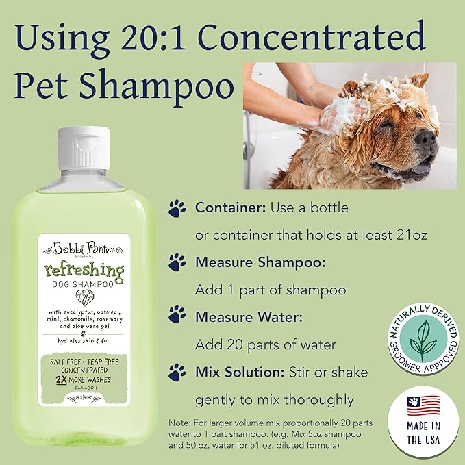 Bobbi Panter Refreshing Dog Shampoo - Hydrates & Soothes Skin & Fur, Minimizes Itching & Dander, Eucalyptus Mint Scent, 30:1 Concentrated Formula, Made in USA, 14 oz. (Case of 12)