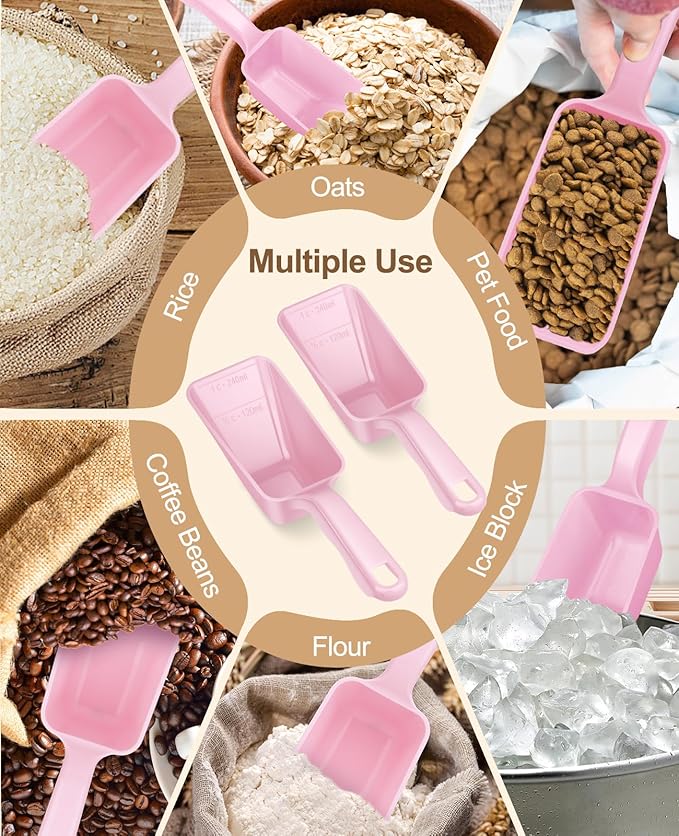 2-Pack Dog Food Scoop 1 Cup, Plastic Pet Food Measuring Scoop With Measuring Lines (1/2 & 1 Cup Markings) for Dogs, Cats, Fish, Bird（Pink)