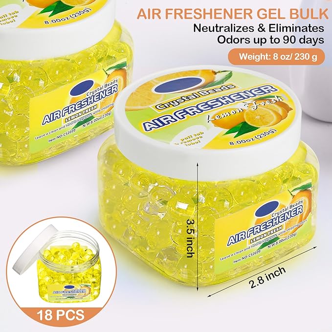 18 Pack Odor Eliminator Gel Beads Bulk 8 Ounce Air Freshener Gel Beads Scent Removing Long Lasting Eliminates Odors for Home, Bathrooms, Cars, Boats, RVs and Pet Areas(Lemon)