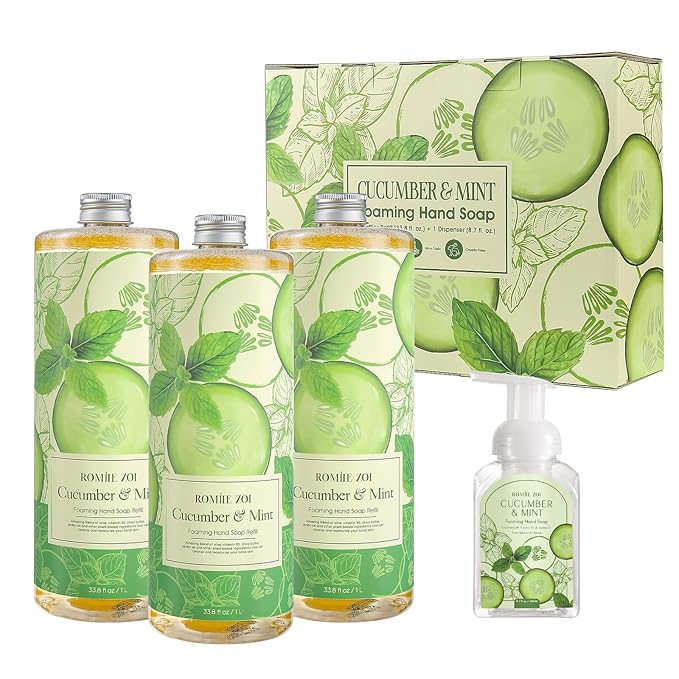 ROMIIE ZOI Foaming Hand Soap Refill Gift Set – 3 Pack (1000ML Each) with Dispenser – Cucumber & Mint Scent – Gentle & Moisturizing Plant-Based Formula – Bulk Refill Bottles for Bathroom & Kitchen Use