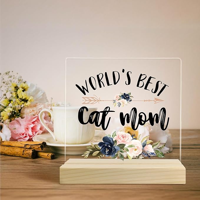 Cat Mom Gifts, Cat Mom Gifts for Women, World's Best Cat Mom Acrylic Plaque, Gifts for Cat Mom, Best Cat Mom Gifts, Cat Owner Lover Gifts for Women Acrylic Sign Desk Table Shelf Decor