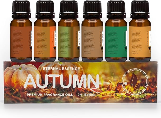 Eternal Essence Oils Autumn Set of 6 Premium Fragrance Oils - Includes Sexy Cinnamon Clove, Salted Caramel Pumpkin, Spiced Caramel Pear, Tobacco Vanilla, Pine, and Caramel Scented Oils - 10ML