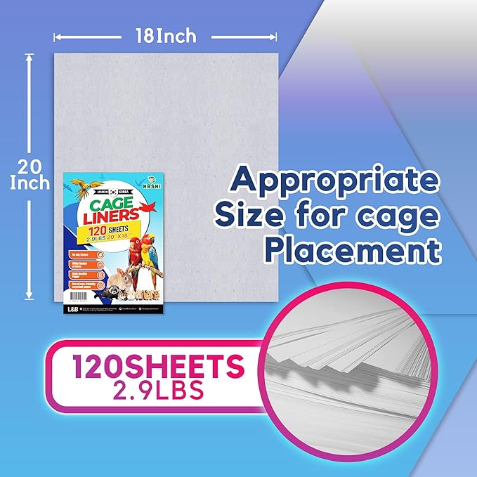 HA SHI Bird Cage Liner - 120 Paper Sheets, 20" x 18", 2.9 lb - Suitable for Pet Habitats, Bulk Quantity for Extended Use, Newsprint Texture, Parcel Packaging
