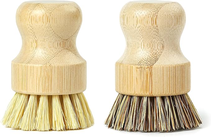 Jungle Culture Kitchen Dish Scrubber Set of 2 • Bamboo Dish Brush for Washing Pots, Pans, Dishes & Plates • Natural Bristle Wooden Brushes for Washing Up • Zero Waste Firm & Soft Eco Scrub Brush