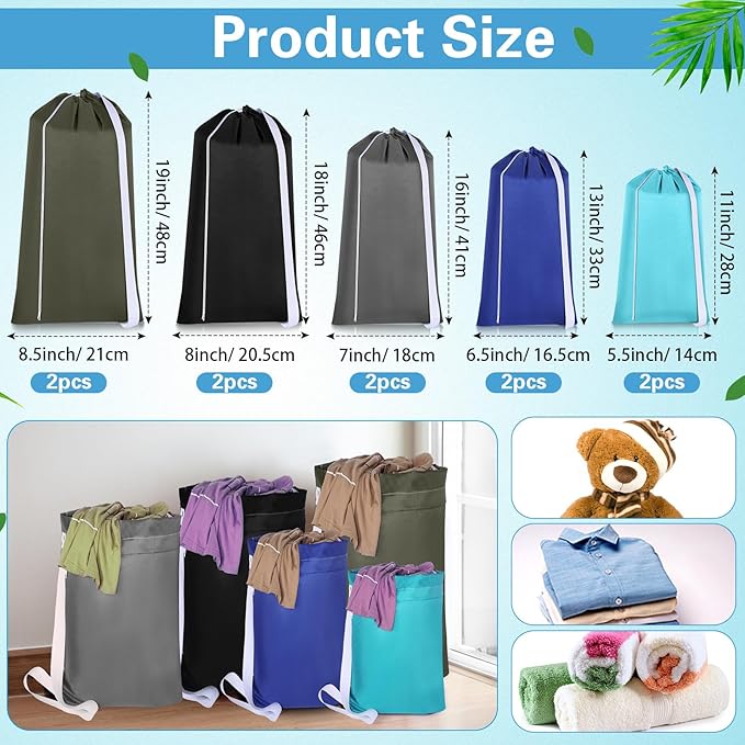 10 Pcs Nylon Extra Large Laundry Bag with Strap Travel Laundry Bags with Drawstring Closure Portable Cloth Bag for College Dorm Apartment Dwellers(Dark Color,Assorted Sizes)