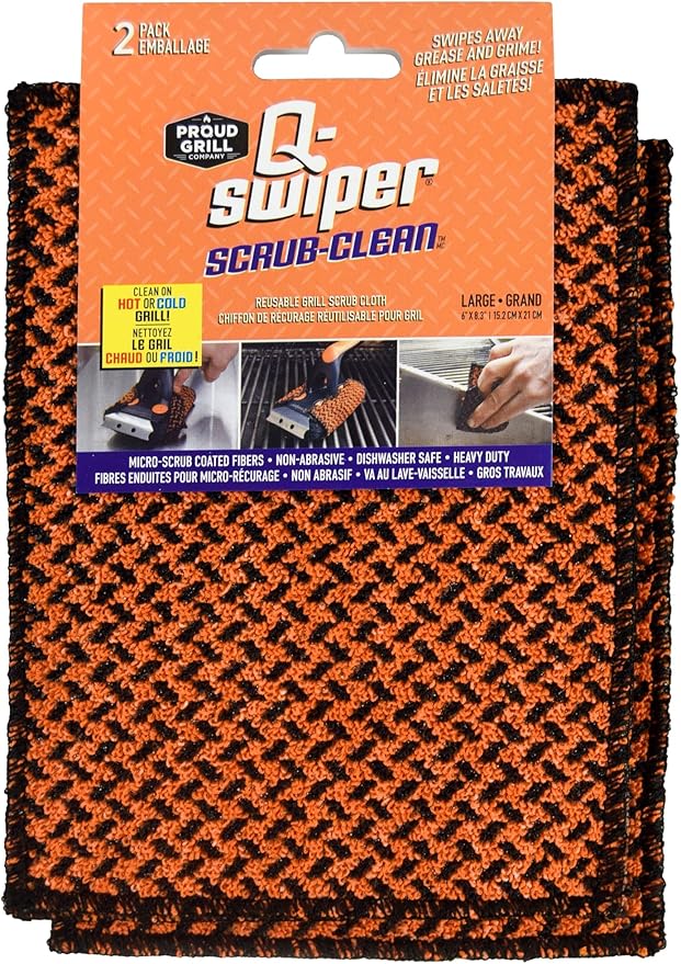 Q-Swiper Scrub-Clean Reusable Grill Cleaning Cloth - 2 Pack | Large Non-Scratch Cloth with Micro-Coated Fibers | Heavy-Duty for BBQ | Cleaner for Pots, Cast Iron Skillets, Grill Basket & Accessories