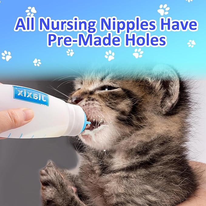 3 Pack Kitten Silicone Bottle Feeding Kit,Nipple & Feeding Kit for Kittens, Reusable Newborn Kitten Supplies, Suitable for Feeding Kitten, Puppy, Rabbit,Hamster (Blue, Medium)