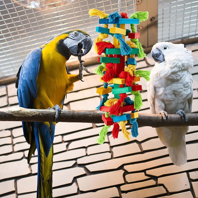3 Pcs Extra Large Bird Parrot Toy Multicolored Natural Wooden Parrot Cage Chewing Toys for Large Medium Macaws Cockatoos African Grey Birds(Block and Ball)