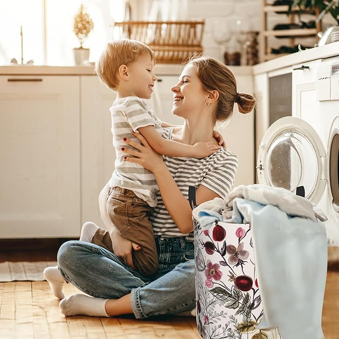 Retro Flower with Plants Laundry Basket,Waterproof Foldable Laundry Hamper,Dirty Clothes Laundry Basket, Linen Bin Storage Organizer for Toy Collection 16" x 20"