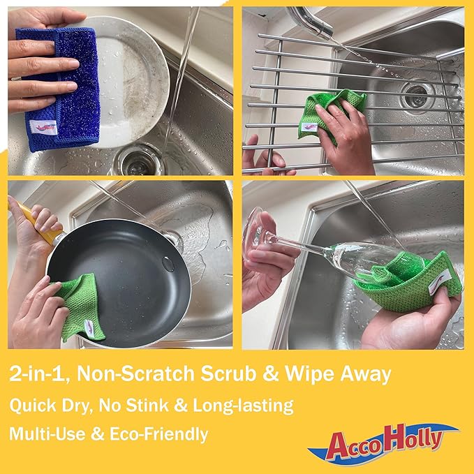 12 Pack Microfiber Scrub Dish Cleaning Cloth, Non-Scratch, Reusable & Durable for Pan Pot Dish Cooktop Stovetop Counter Kitchen Household, Machine Washable, 5.5 x 5.5 Inch, Blue & Green Assorted