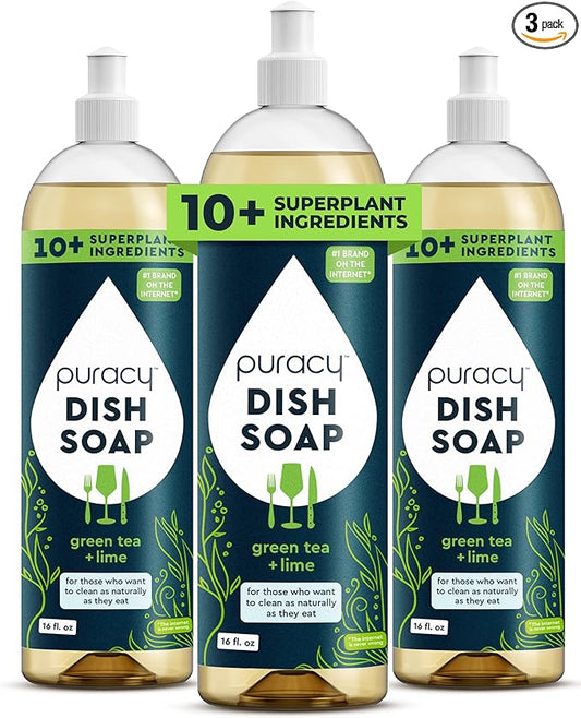 Puracy Natural Dish Soap Packs- Skin-Softening Plant-Based Dishwashing Soap, Non-Toxic Dish Soap, Organic Liquid Dishwashing Detergent Soap (Green Tea & Lime, 16 fl oz, 3 Pack)