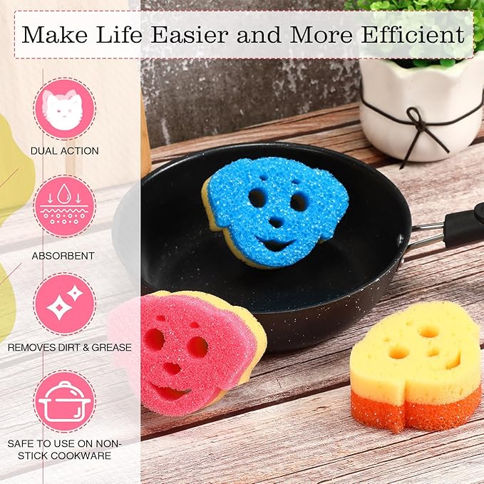 6 Pcs Dog Dual Sided Scrub Sponge Cleaning Sponges Cute Temperature Sensitive Dish Sponges for Washing Dishes Non Scratch Household Multi Use Sponges Scrubber for Kitchen, 3 Colors
