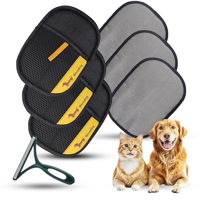 3-Pack Pet Hair Removal Gloves with A Hair/Lint Removal Tool – Remove Cat/Dog Fur from Clothing, Furniture, Car Seats, Bedding & Carpet