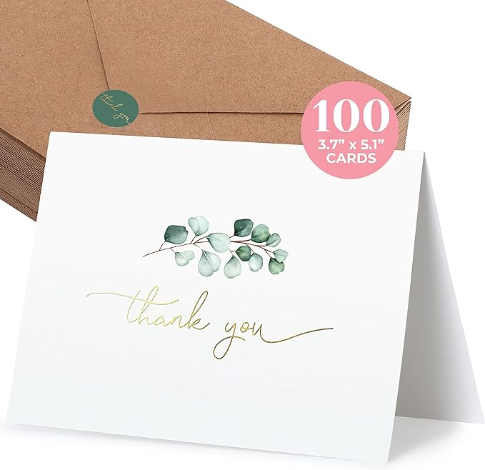 100 Heavyweight Blank Thank You Cards with Envelopes for a Personal Touch, Eucalyptus Thank You Card for Any Occasion, Wedding, Bulk Pack Card with Envelopes & Stickers (3.7 x 5.1 Inches) (100 Pack)