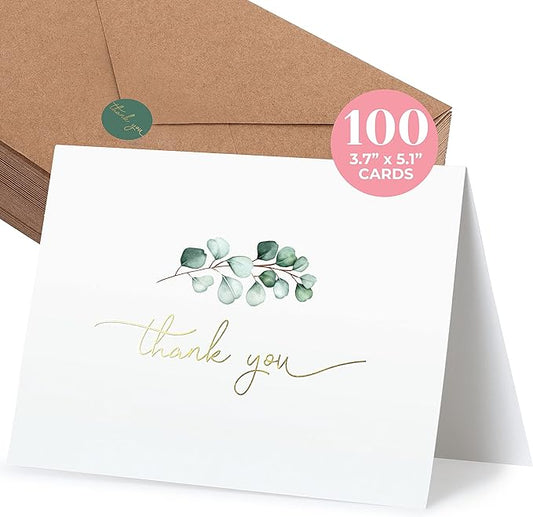 100 Heavyweight Blank Thank You Cards with Envelopes for a Personal Touch, Eucalyptus Thank You Card for Any Occasion, Wedding, Bulk Pack Card with Envelopes & Stickers (3.7 x 5.1 Inches) (100 Pack)