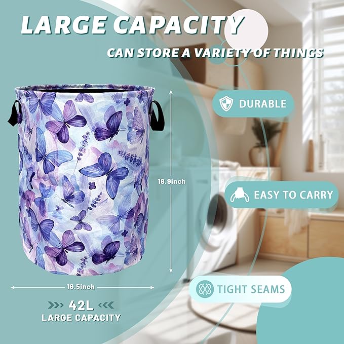 Blue Purple Butterfly Laundry Basket Foldable With Handles Tote Bag Oxford Cloth Colorful Laundry Hamper Clothes Storage Bucket Toy Organizer 18.9" x 16.5" For Bathroom/Laundry/Bedroom