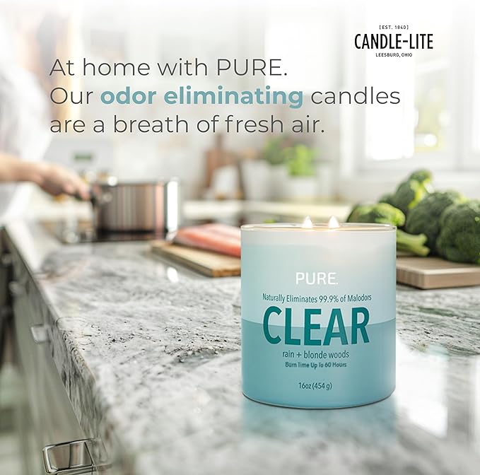 Candle-Lite Pure Rain & Blonde Woods Odor Eliminating Scented Candles, Neofresh Technology Eliminates 99.9% of Odors, 16 oz 2-Wick Jar, Proudly Poured in The USA, Up to 60 Hours Burn Time