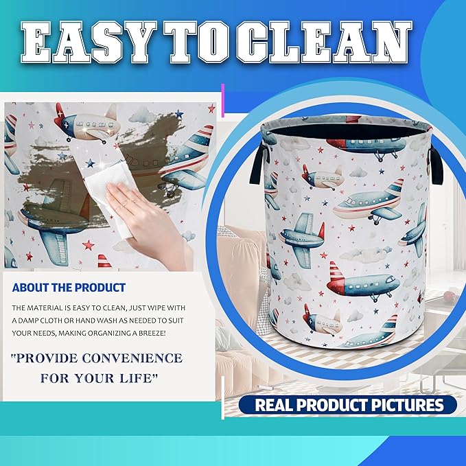 Airplane Laundry Basket Oxford Cloth Aircraft Cartoon Laundry Hamper With Handle Foldable Portable Clothes Storage Basket 18.9 X 16.5 In Storage Bag For Laundry Room/Bathroom/Bedroom/Dormitories
