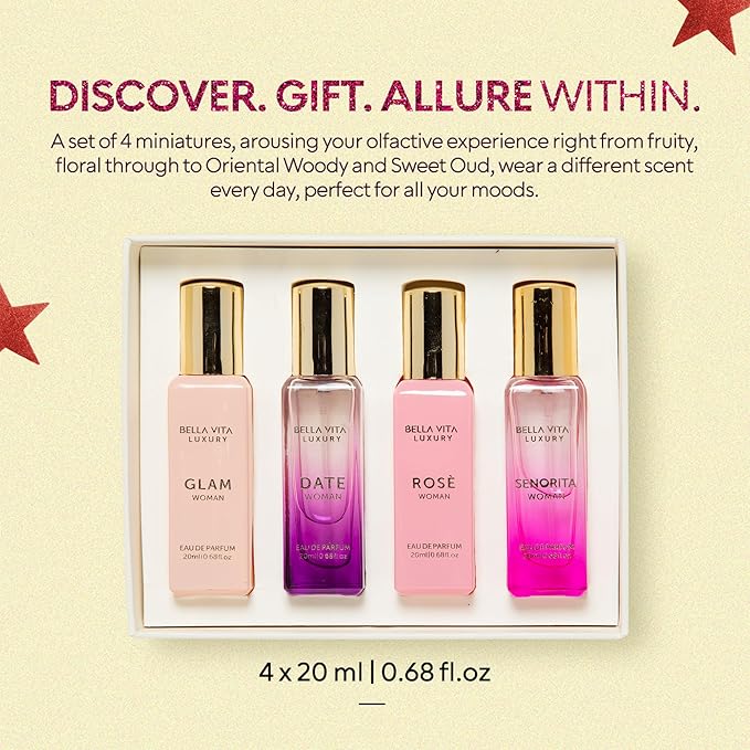 BellaVita Luxury Women's Perfume Gift Set (4x20ml) | Notes of Floral, Sweet, Spicey Red Fruit, Vanilla & Musk | DATE, SENORITA, GLAM & ROSE | French Parfum Collection Gift Set
